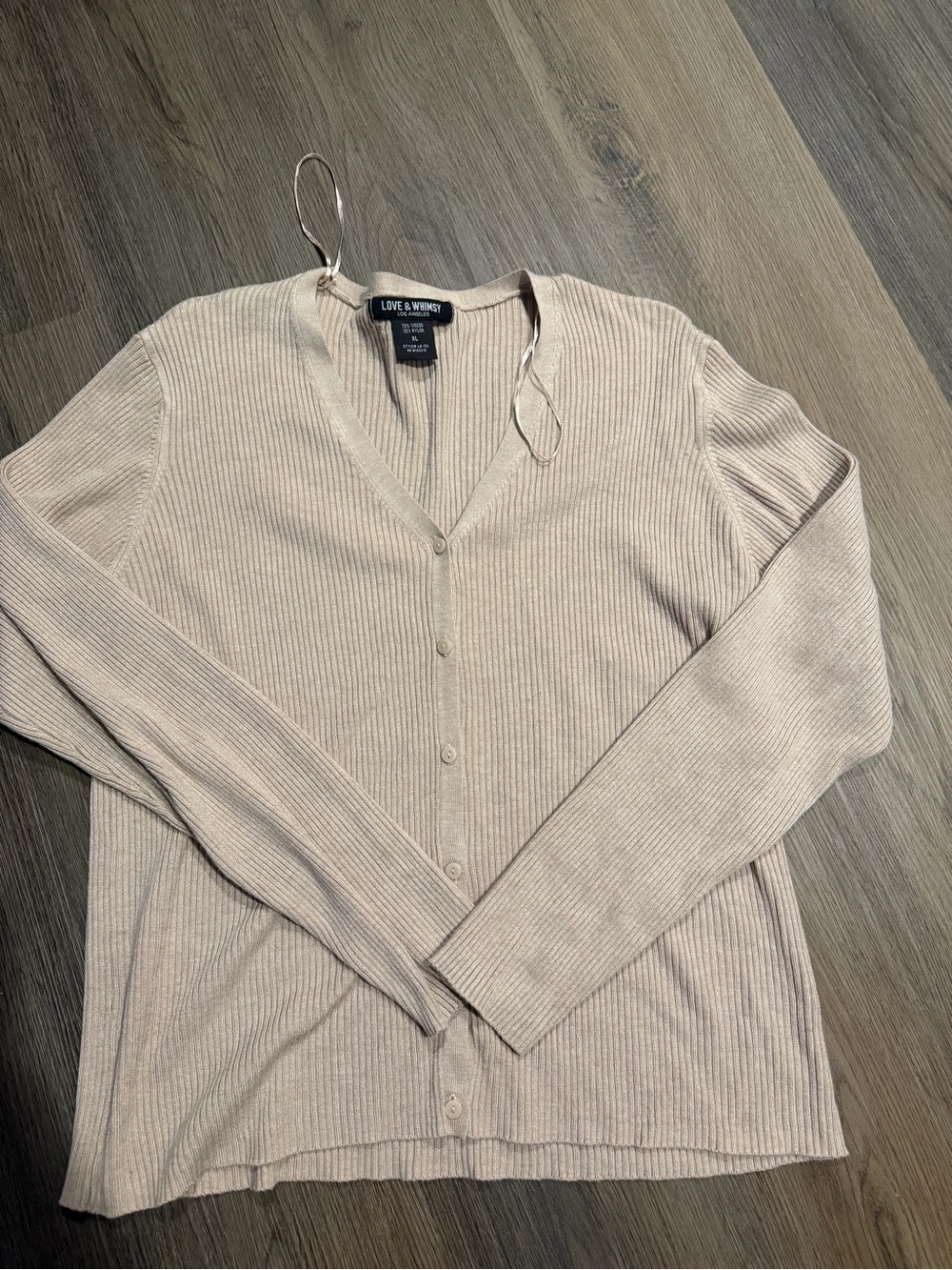 Love & Whimsy Women's Cream Ribbed V-Neck Cardigan Sweater